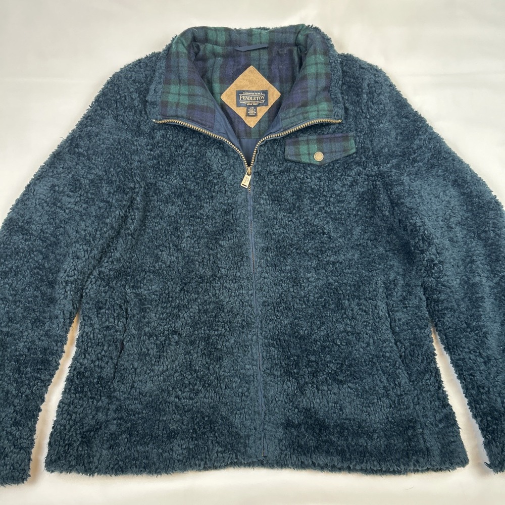 PENDLETON Women's Sherpa Fleece Deep Pile Blue Blackwatch Plaid Jacket Sz Large